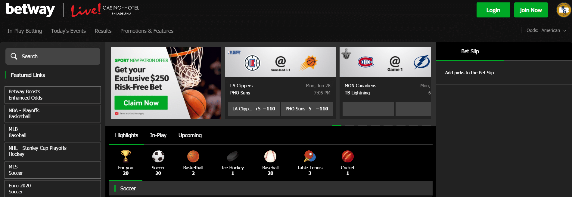 Betway Desktop design
