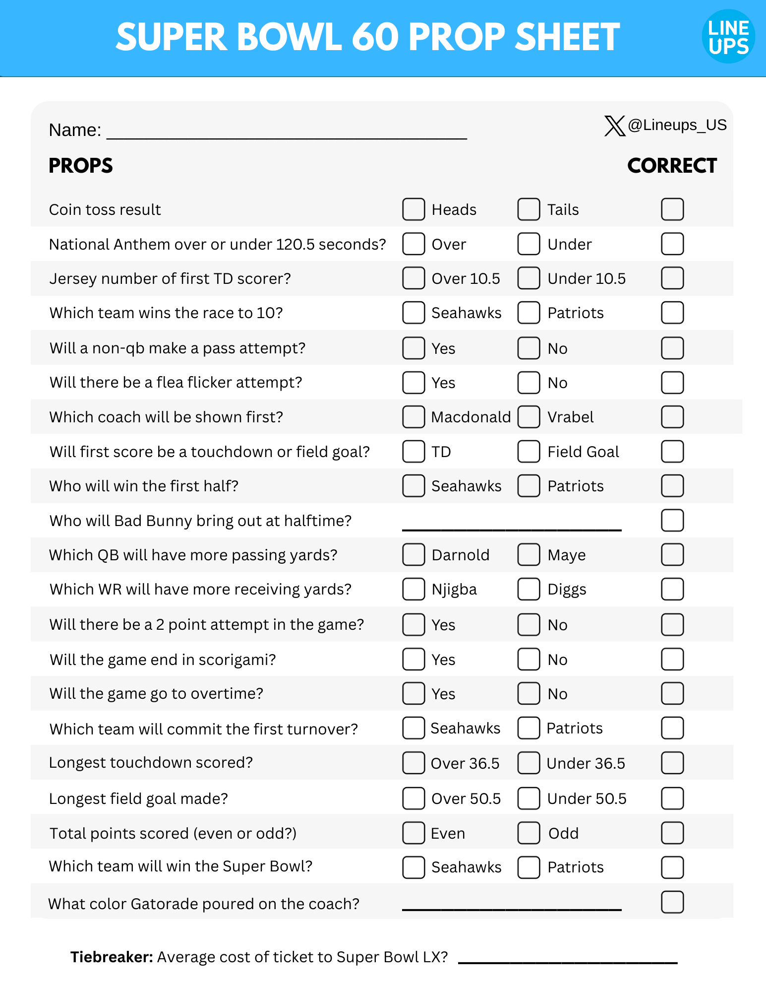 Super Bowl 60 Prop Sheet