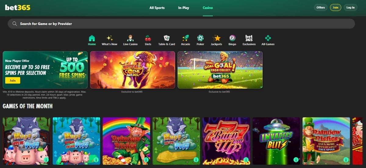 Bet365 Casino Alberta homepage experience