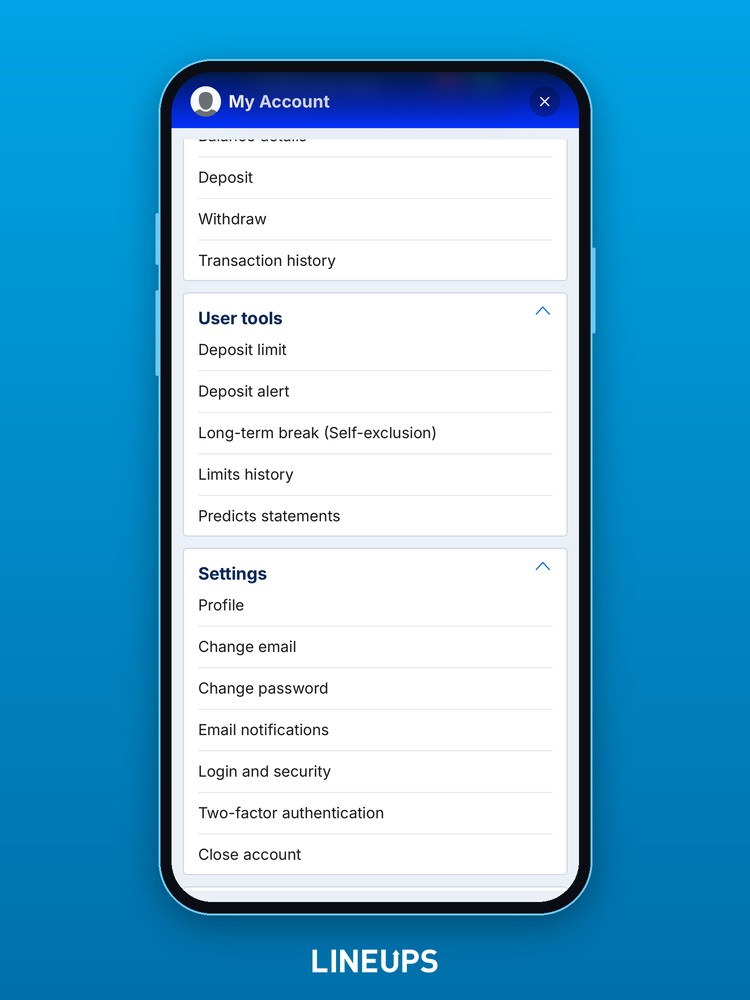 Account menu and user tools